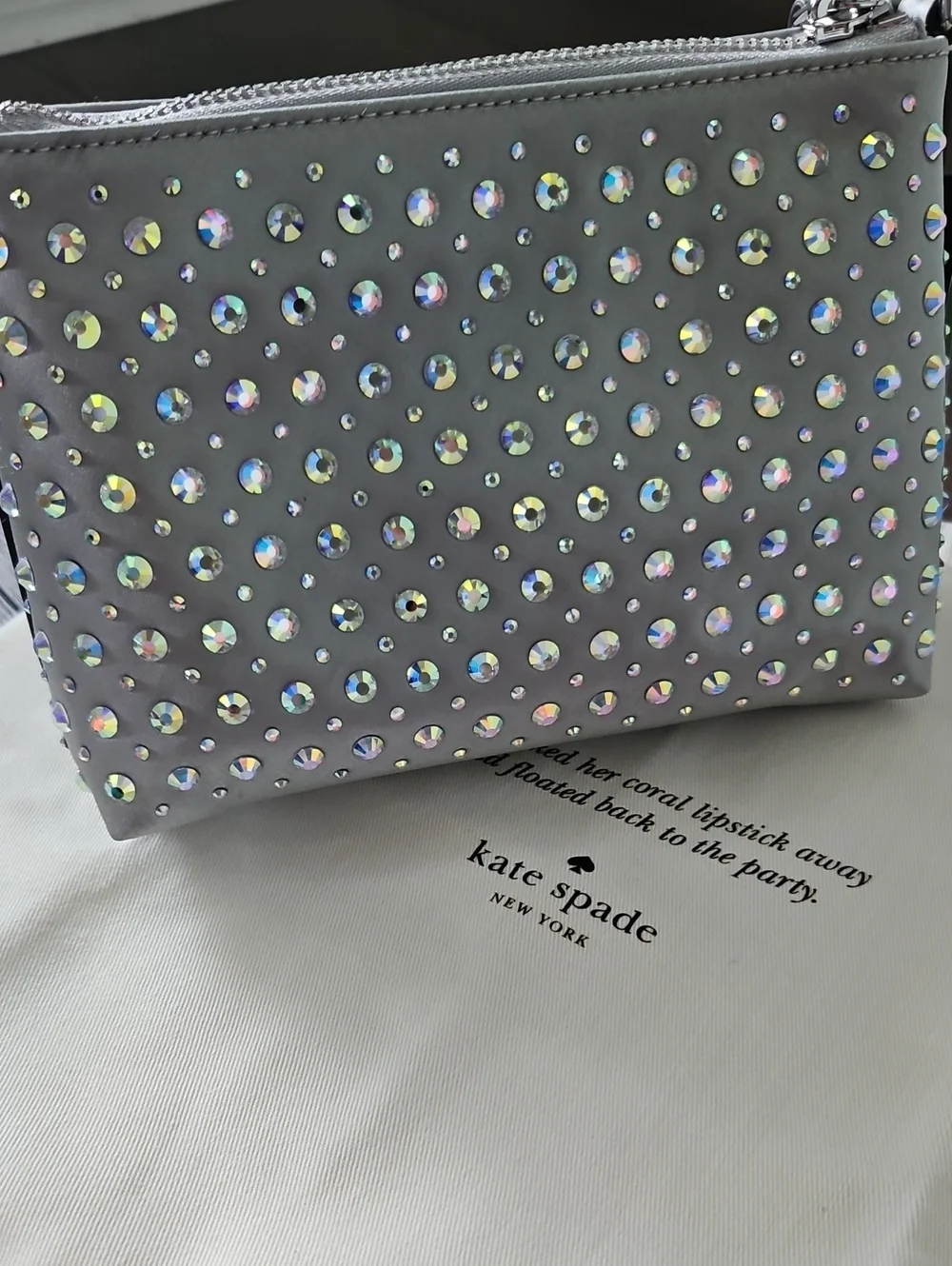 NWT Kate Spade Silver Lulu Crystal Embellished East West Pochette + Dusty